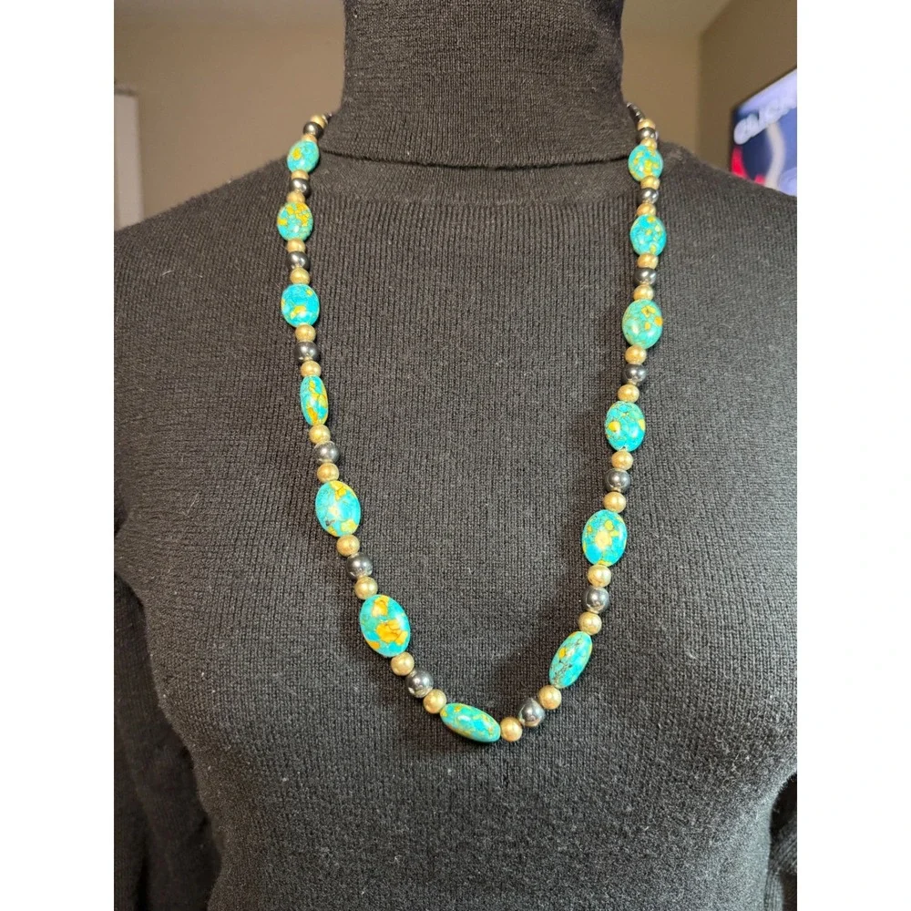 Simulated Turquoise Hermatite Beaded Necklace Southwestern Blue Silver Tone 27